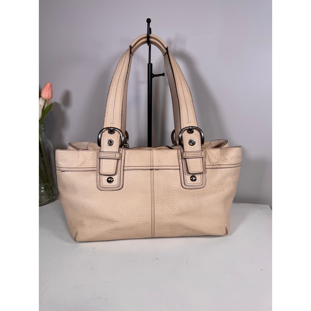 Coach Soho Pleated Tote Beige Pebbled Leather Shoulder Bag Pink Lining F13732 - Picture 2 of 7